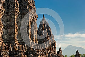 Prambanan temple with Merapi volcano, Indonesia