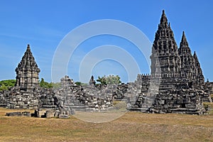 Prambanan Temples with stone ruins seen from outside the complex