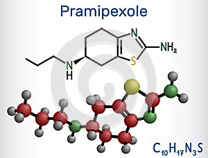 Pramipexole molecule. It is non-ergot dopamine agonist, medication. Structural chemical formula photo