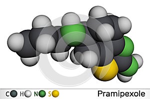 Pramipexole molecule. It is non-ergot dopamine agonist, medication used to treat Parkinson`s disease. Molecular model. 3D photo