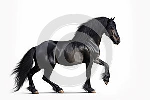 Prancing black regal stallion on white background. Generate ai