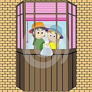 Pranks children on the balcony. Vector graphics photo