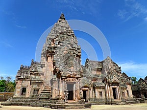 Prasat Hin Phanom Rung against vibrant blue sky, well preserved ancient Khmer Temple in Buriram Province