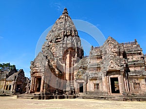Prasat Hin Phanom Rung, Ancient Khmer Temple against vivid blue sky, Thailand