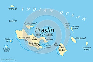 Praslin and nearby islands of the Seychelles, political map