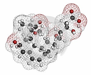 Pravastatin cholesterol lowering drug molecule. Atoms are represented as spheres with conventional color coding: hydrogen (white photo