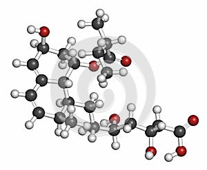 Pravastatin cholesterol lowering drug molecule. Atoms are represented as spheres with conventional color coding: hydrogen (white photo