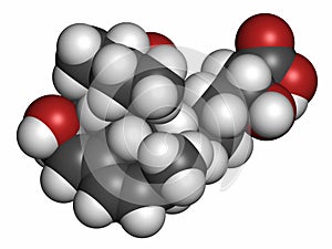 Pravastatin cholesterol lowering drug molecule. Atoms are represented as spheres with conventional color coding: hydrogen (white photo