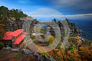 Pravcicka brana, big rock monument, sandstone gate. Biggest natural bridge in Europe. Bohemian Switzerland, Hrensko, Czech Republi