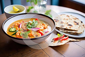 prawn curry with bell peppers served with naan bread