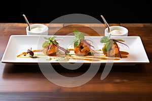 prawn curry trio sampler on a long rectangular plate