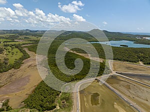 A prawn farm from the air, empty due to the annual winter closure