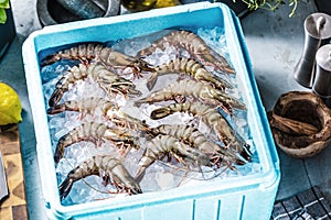 Prawn newly fished and stored in boxes with ice