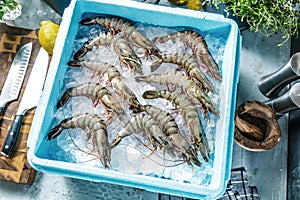 Prawn newly fished and stored in boxes with ice