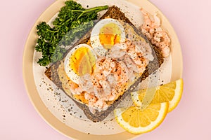 Prawn or Shrimp And Boiled Egg Open Face Sandwich On Rye Bread