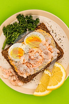Prawn or Shrimp And Boiled Egg Open Face Sandwich On Rye Bread