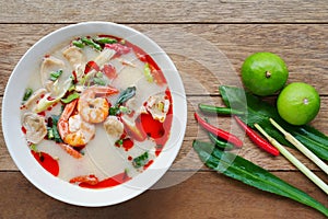 Prawn shrimp and lemon grass spicy soup with mushrooms, famous Thai food calling Tom Yum Kung