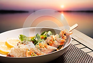 Prawns, rice and sunset