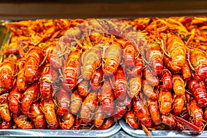 Prawns on sale at the street market food stall in Luoyang Old City, Henan, China