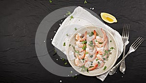 Prawns Shrimps on a plate with lemon, garlic and herbs on black background. Top view with copy space.