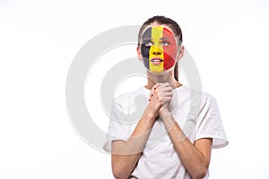 Pray for Belgium. Belgian football fan pray for game Belgium national team on white background.