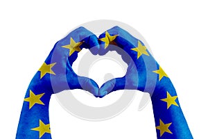 Pray for europe, man hands in the form of heart with the flag of europe on the white background