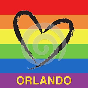 Pray for Orlando. Black heart shape on rainbow flag background.