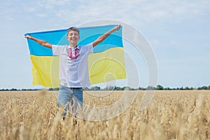 Pray for Ukraine. Child with Ukrainian flag in wheat field. Cute boy waving national flag praying for peace.