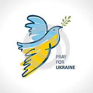 Pray for Ukraine. Flying bird as a symbol of peace. Flag of Ukraine in the form of a dove of peace.