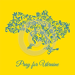 Pray For Ukraine. Ukraine map made from ornament and decorative flowers