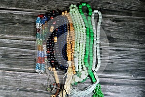 Prayer beads, a form of beadwork used to count the repetitions of prayers, A misbaha, a device used for counting tasbih zekr