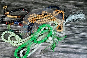 Prayer beads, a form of beadwork used to count the repetitions of prayers, A misbaha, a device used for counting tasbih zekr