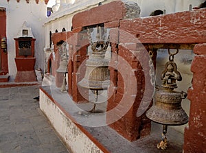 Prayer bells in Boudhanath stupa Kathmandu city Nepal