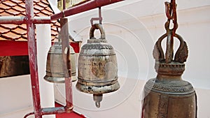 Prayer Bells for Praying at Chiang Mai Buddhist Temple in Thailand, Close Up of Bells for Buddhism R