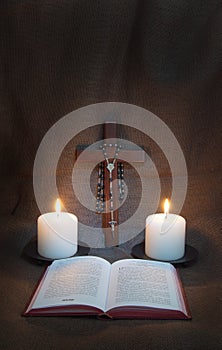 Prayer Book, Rosary, Crucifix and Two Candles