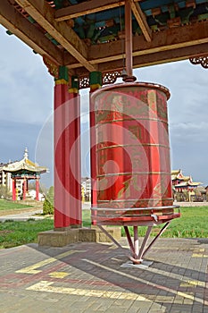 Prayer drum on the territory of the Buddhist complex `Golden Abode of Buddha Shakyamuni.` Elista, Kalmykia