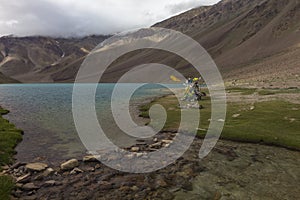 Prayer flags on the banks of chandrataal lake in Spiti Valley