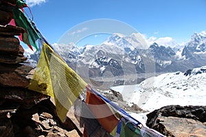 Prayer flags with blurred Mt. Everest in the background