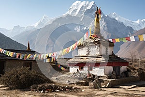 prayer flags with buddhist stupa in the background