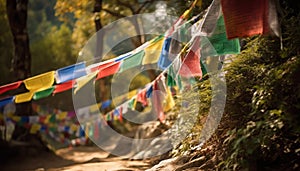 Prayer flags flutter in tranquil Tibetan mountain landscape, symbolizing spirituality generated by AI