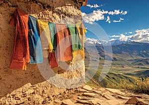 Prayer Flags Flutter Vibrantly at Taktsang Monastery, Bhutan - High-Resolution Stock Photo photo