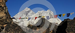 Prayer flags on Gokyo Peak and Mt Everest,