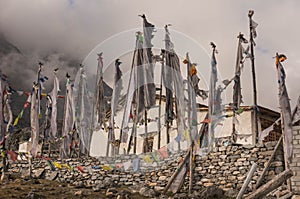 Prayer flags at Kyangjin Gompa. Tibetan region of Nepal