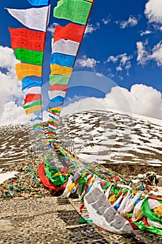 Prayer flags on mountains in Namco, Tibet