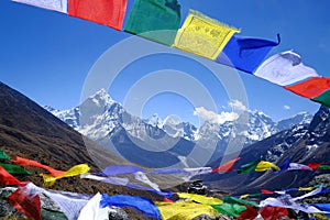 Prayer flags over Mount Amadablam,