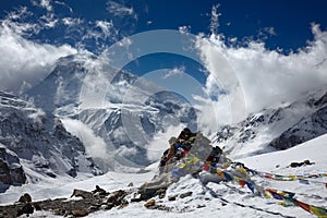 Prayer flags over mountain landscape