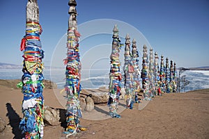 Prayer Flags in Sacral Place on Burkhan Cape, Olkhon Island, Russia