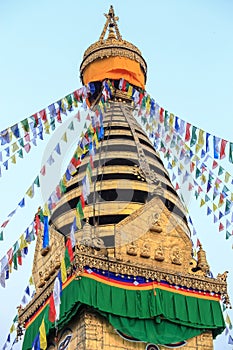 Prayer flags, small gilded stupa at the Swayambhunath temple in