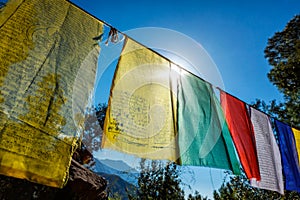 Prayer flags of Tibetan Buddhism with Buddhist mantra on it in Dharamshala monastery temple. India