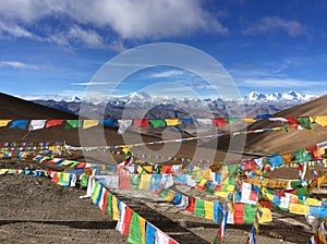 Prayer flags with a view of Mount Everest